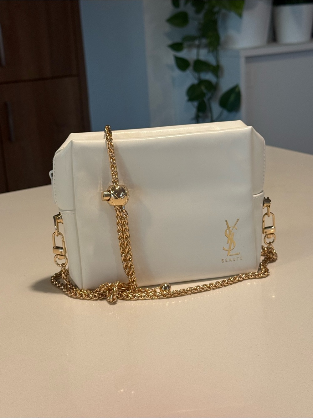 Yves Saint Laurent Beauty white Leather Crossbody with Gold Chain